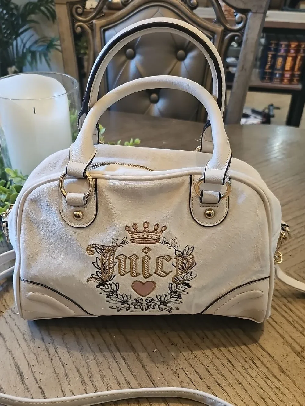 Juicy Couture Cream Embroidered Satchel Crossbody with Gold Accents